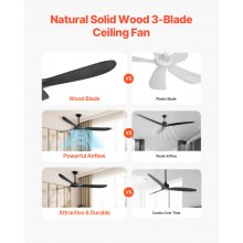 72" Wood Blade Ceiling Fan No Light Remote Control Reversible DC Motor Black