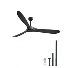 72" Wood Blade Ceiling Fan No Light Remote Control Reversible DC Motor Black