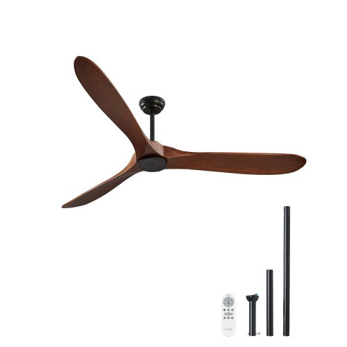 VEVOR 72 Inch Ceiling Fan without Light, 6-Speed Remote Control, 3-Wood-Blade, Reversible DC Motor, Modern Low Profile Flush Mount Exterior Fan for Bedroom, Living Room, Patio, Indoor/Outdoor, Walnut