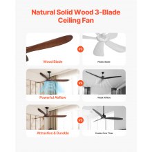 VEVOR 72" Wood Blade Ceiling Fan No Light Remote Control Reversible Motor Walnut