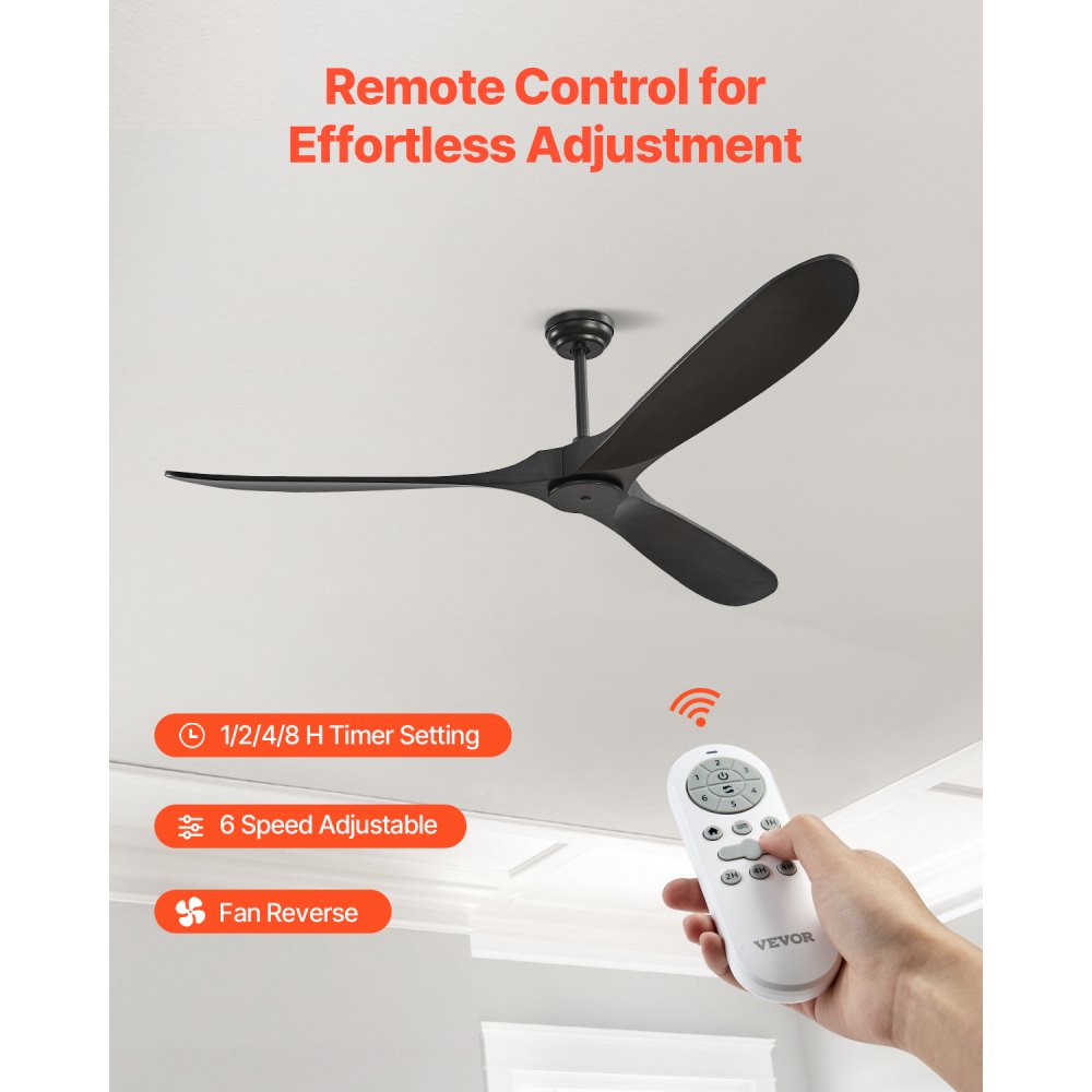 VEVOR 72 Inch Ceiling Fan without Light, 6-Speed Remote Control, 3-Wood-Blade, Reversible DC Motor, Modern Low Profile Flush Mount Exterior Fan for Bedroom, Living Room, Patio, Indoor/Outdoor, Black