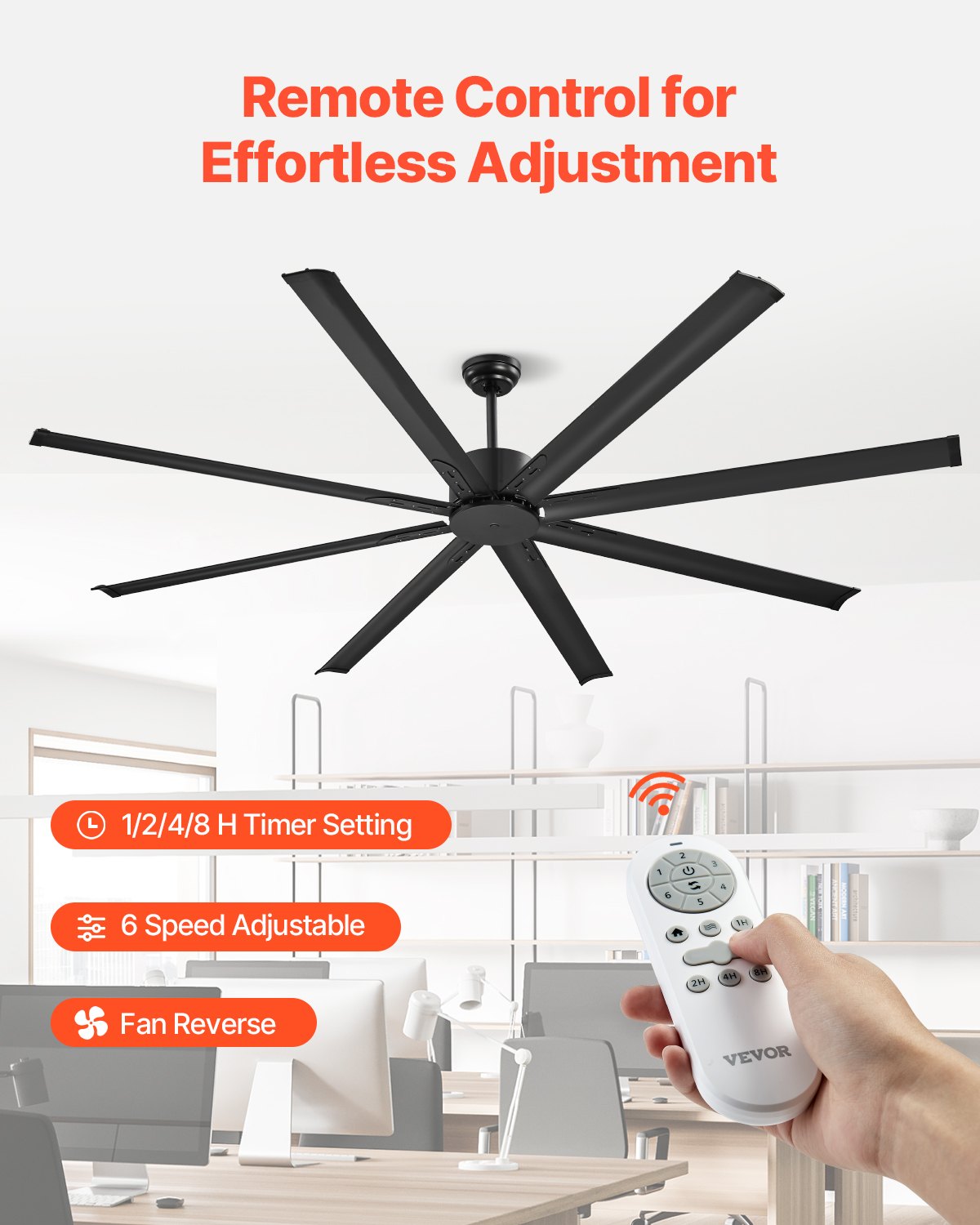 VEVOR 84 In Ceiling Fan without Light, 6-Speed Remote Control, Aluminum 8-Blade, Reversible DC Motor, Modern Low Profile Flush Mount Exterior Fan for Bedroom, Living Room, Patio, Indoor Use, Black