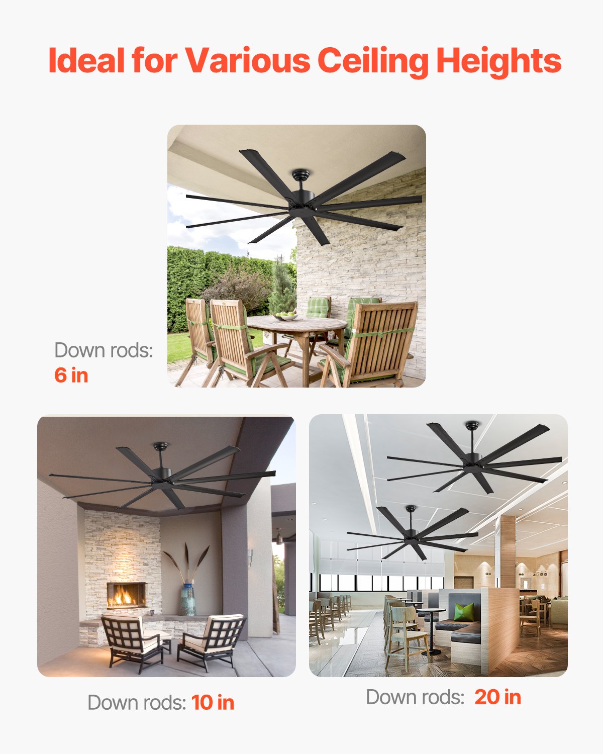 VEVOR 84 In Ceiling Fan without Light, 6-Speed Remote Control, Aluminum 8-Blade, Reversible DC Motor, Modern Low Profile Flush Mount Exterior Fan for Bedroom, Living Room, Patio, Indoor Use, Black