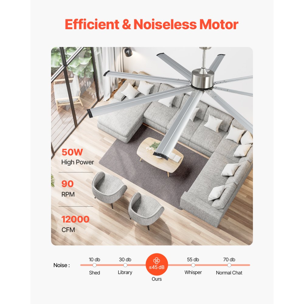 VEVOR 213 cm Ceiling Fan No Light, 6-Speed Remote Control, Aluminum 8-Blade, Reversible DC Motor, Modern Low Profile Flush Mount Fan for Bedroom, Living Room, Patio, Indoor/Outdoor, Brushed Nickel