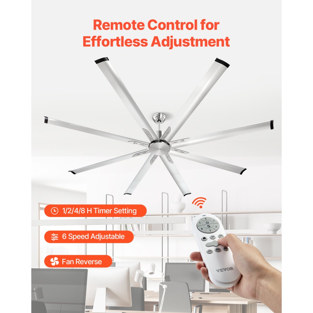 VEVOR 84 In Ceiling Fan without Light, 6-Speed Remote Control, Aluminum 8-Blade, Reversible DC Motor, Modern Low Profile Flush Mount Fan for Bedroom, Living Room, Patio, Indoor/Outdoor, Brushed Nickel