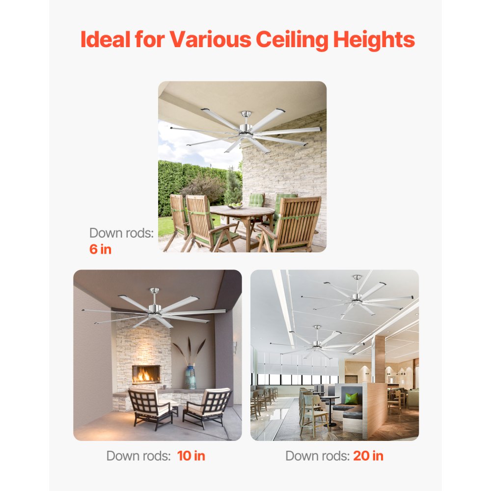 VEVOR 84 In Ceiling Fan without Light, 6-Speed Remote Control, Aluminum 8-Blade, Reversible DC Motor, Modern Low Profile Flush Mount Fan for Bedroom, Living Room, Patio, Indoor/Outdoor, Brushed Nickel