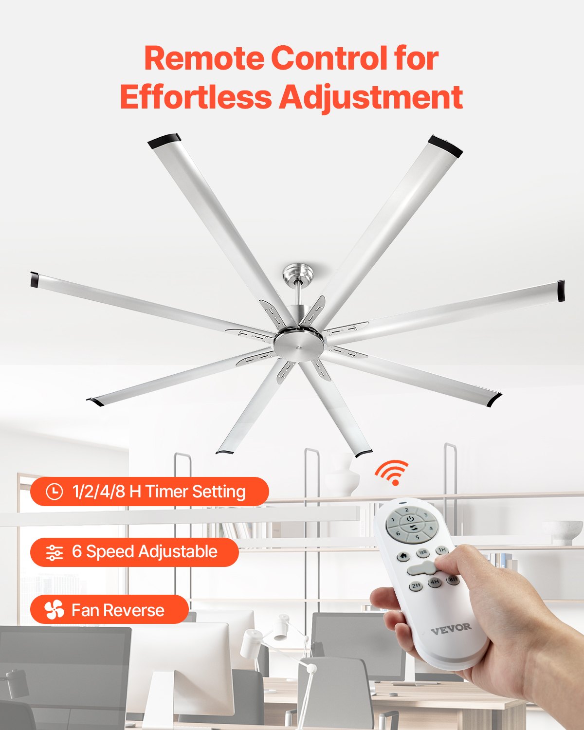 VEVOR 84 In Ceiling Fan without Light, 6-Speed Remote Control, Aluminum 8-Blade, Reversible DC Motor, Modern Low Profile Flush Mount Fan for Bedroom, Living Room, Patio, Indoor/Outdoor, Brushed Nickel