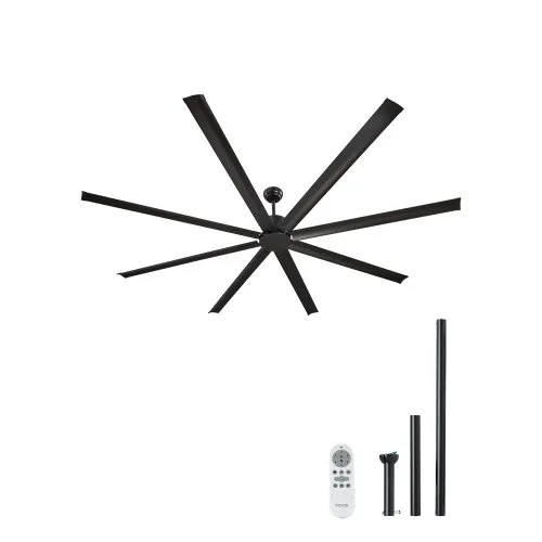 VEVOR 244 cm Ceiling Fan No Light, 6-Speed Remote Control, Aluminum 8-Blade, Reversible DC Motor, Modern Low Profile Flush Mount Exterior Fan for Bedroom, Living Room, Patio, Indoor/Outdoor, Black