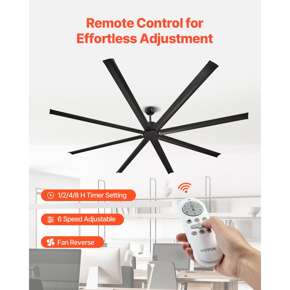 VEVOR 96 In Ceiling Fan without Light, 6-Speed Remote Control, Aluminum 8-Blade, Reversible DC Motor, Modern Low Profile Flush Mount Exterior Fan for Bedroom, Living Room, Patio, Indoor/Outdoor, Black