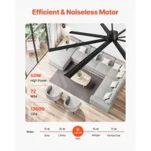 VEVOR 96 In Ceiling Fan without Light, 6-Speed Remote Control, Aluminum 8-Blade, Reversible DC Motor, Modern Low Profile Flush Mount Exterior Fan for Bedroom, Living Room, Patio, Indoor/Outdoor, Black
