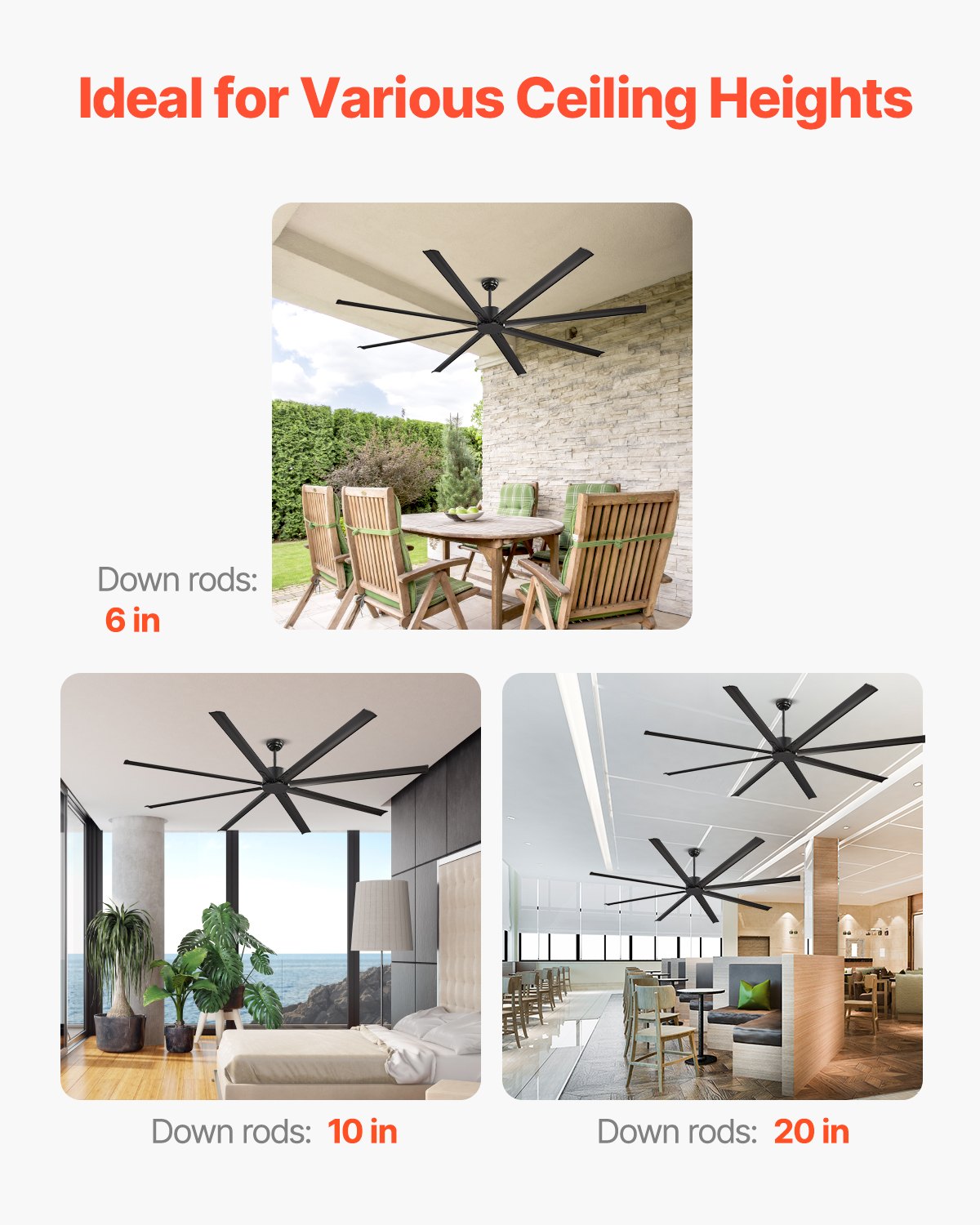 VEVOR 96 In Ceiling Fan without Light, 6-Speed Remote Control, Aluminum 8-Blade, Reversible DC Motor, Modern Low Profile Flush Mount Exterior Fan for Bedroom, Living Room, Patio, Indoor/Outdoor, Black