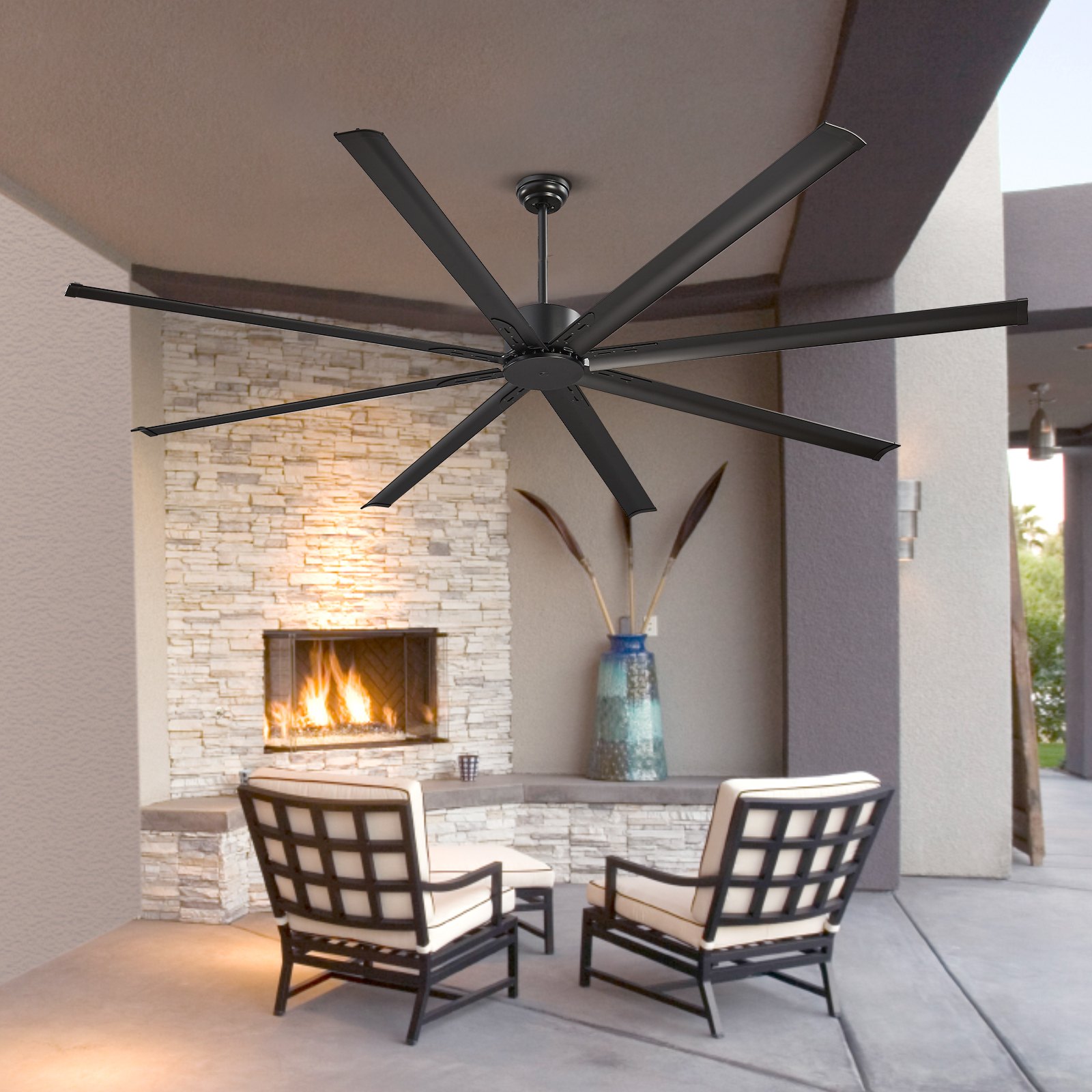 VEVOR 96 In Ceiling Fan without Light, 6-Speed Remote Control, Aluminum 8-Blade, Reversible DC Motor, Modern Low Profile Flush Mount Exterior Fan for Bedroom, Living Room, Patio, Indoor/Outdoor, Black