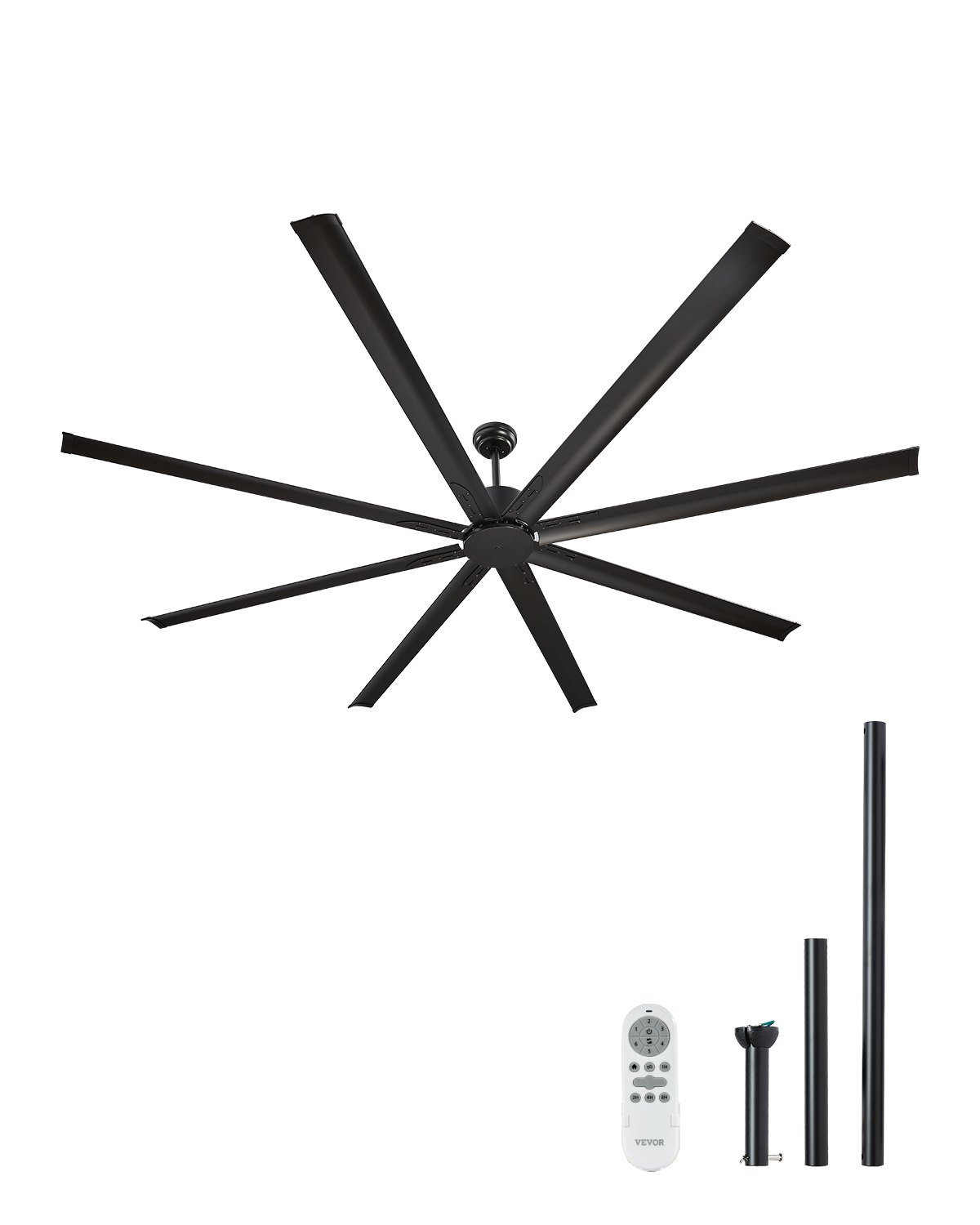 VEVOR 96 In Ceiling Fan without Light, 6-Speed Remote Control, Aluminum 8-Blade, Reversible DC Motor, Modern Low Profile Flush Mount Exterior Fan for Bedroom, Living Room, Patio, Indoor/Outdoor, Black