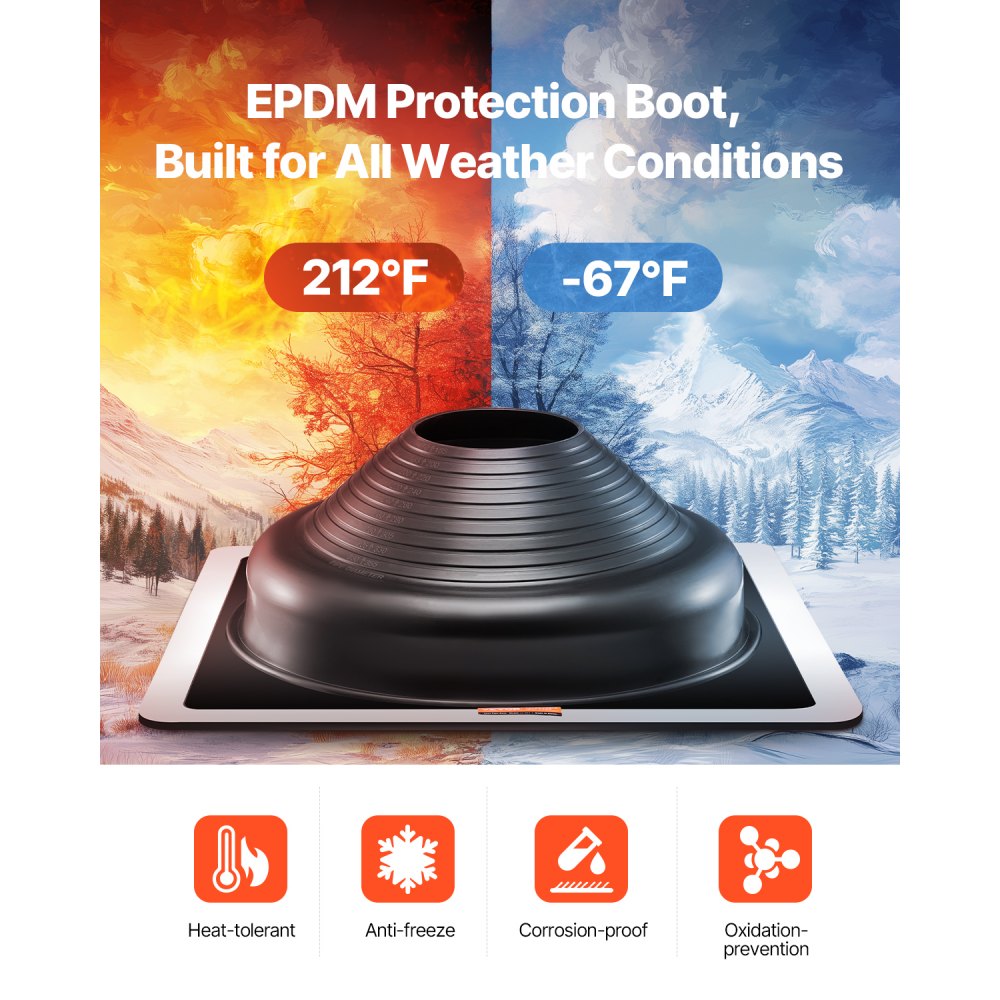 VEVOR 2 Pcs Roof Pipe Flashing Boots, Fit Pipe OD 6-3/4" to 14", Flexible EDPM Roofing Jack Pipe Flashing, High Temp -67℉ to 212℉, Endurable Metal Base, for Chimney, Wood Stove & Outdoor Vent Pipes