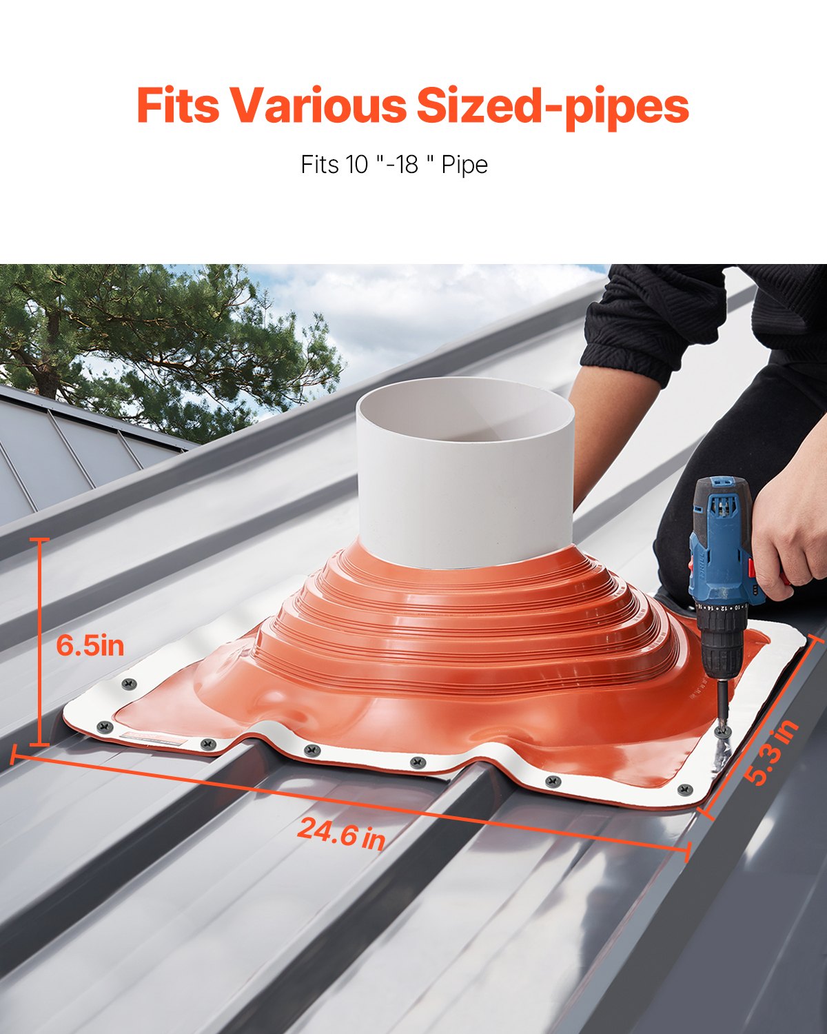 VEVOR Roof Pipe Flashing Boot, Fit Pipe OD 10" to 18", Flexible Silicone Roofing Jack Pipe Flashing, High Temp -101℉ to 437℉, Endurable Square Metal Base, for Chimney, Wood Stove & Outdoor Vent Pipes