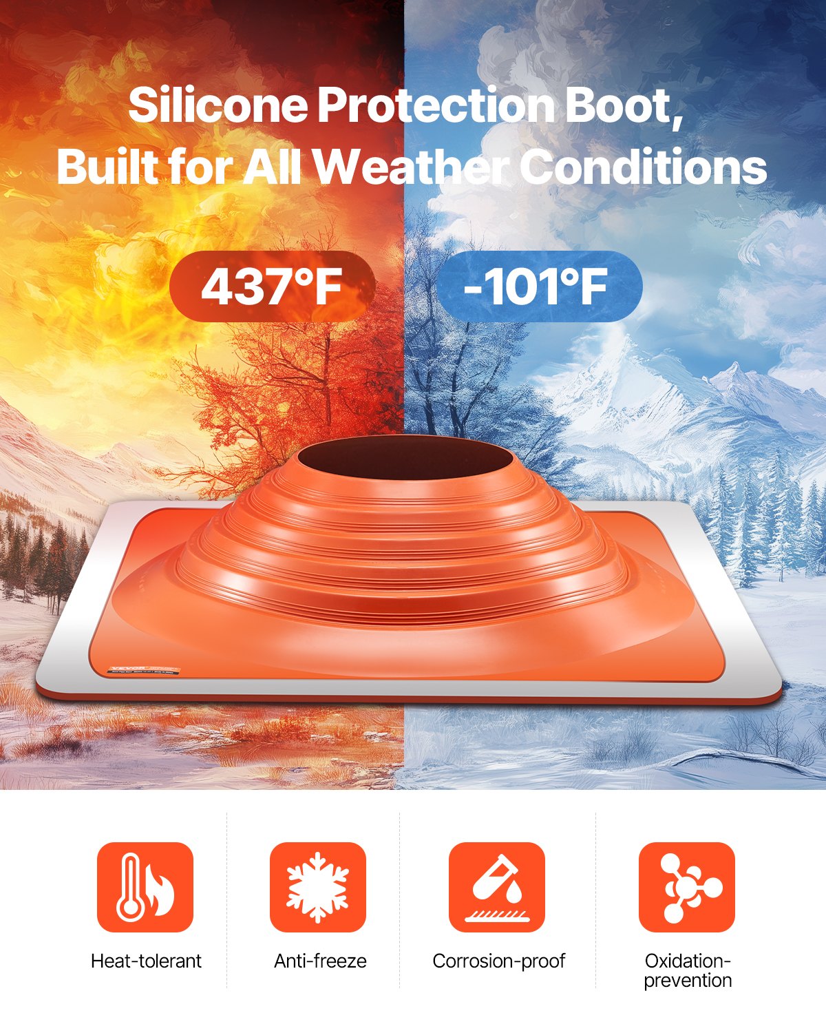 VEVOR Roof Pipe Flashing Boot, Fit Pipe OD 10" to 18", Flexible Silicone Roofing Jack Pipe Flashing, High Temp -101℉ to 437℉, Endurable Square Metal Base, for Chimney, Wood Stove & Outdoor Vent Pipes