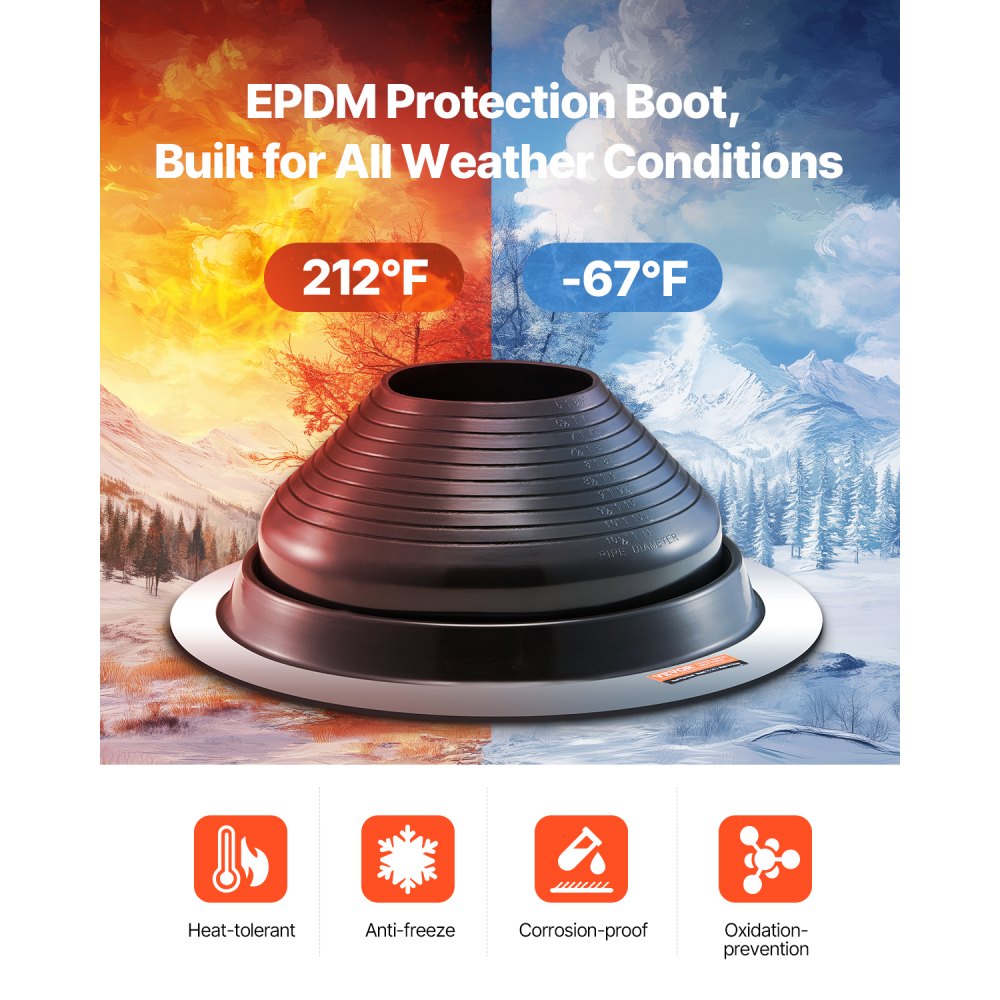 VEVOR 2 Pcs Roof Pipe Flashing Boots, Fit Pipe OD 6" to 11", Flexible EDPM Roofing Jack Pipe Flashing, High Temp -67℉ to 212℉, Endurable Round Metal Base, for Chimney, Wood Stove & Outdoor Vent Pipes