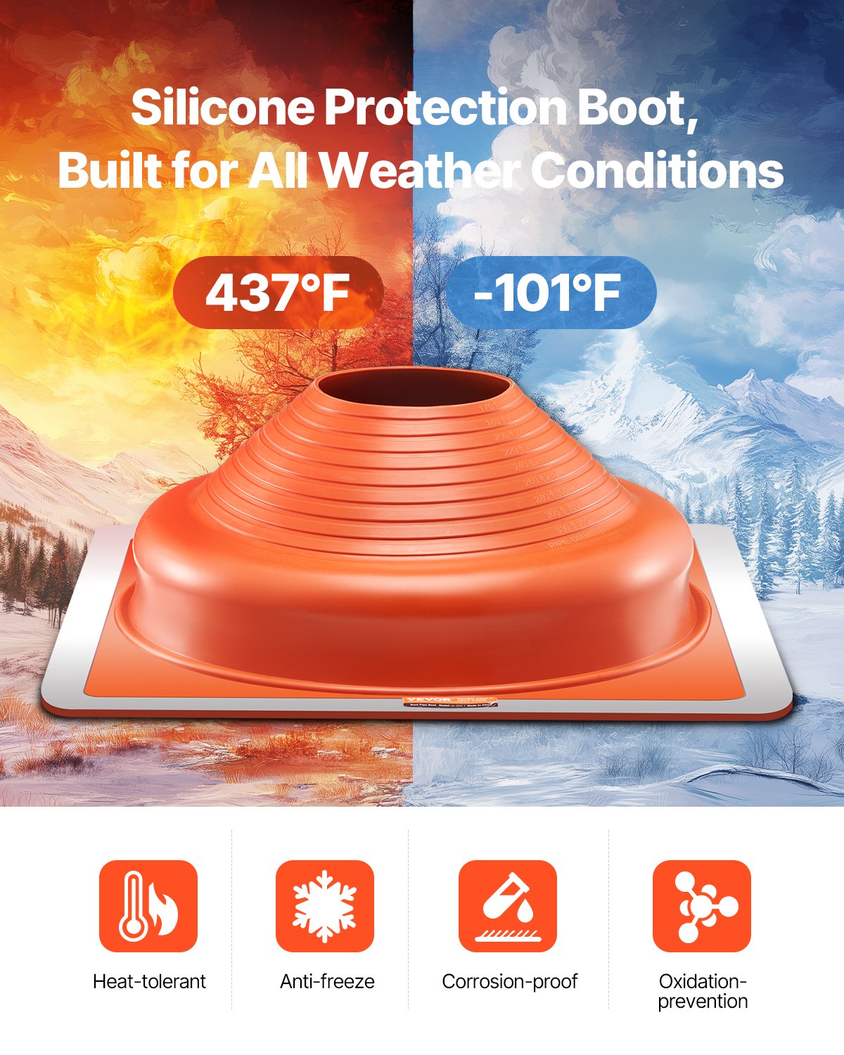 VEVOR 2Pcs Roof Pipe Flashing Boots, Fit Pipe OD 6-3/4" to 14", Flexible Silicone Roofing Jack Pipe Flashing, High Temp -101℉ to 437℉, Square Metal Base, for Chimney, Wood Stove & Outdoor Vent Pipes