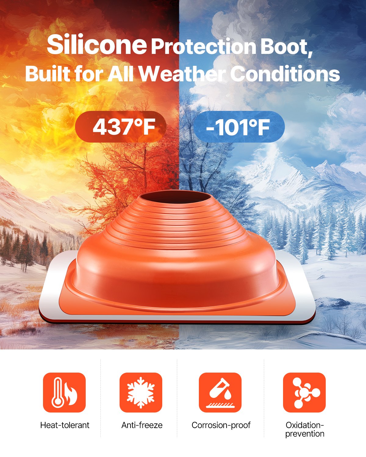 VEVOR 2 PCs Roof Pipe Flashing Boots, Fit Pipe OD 6-1/4" - 11-3/4", Flexible Silicone Roofing Jack Pipe Flashing, High Temp -101℉ - 437℉, Square Metal Base, for Chimney, Wood Stove & Outdoor Vent Pipe