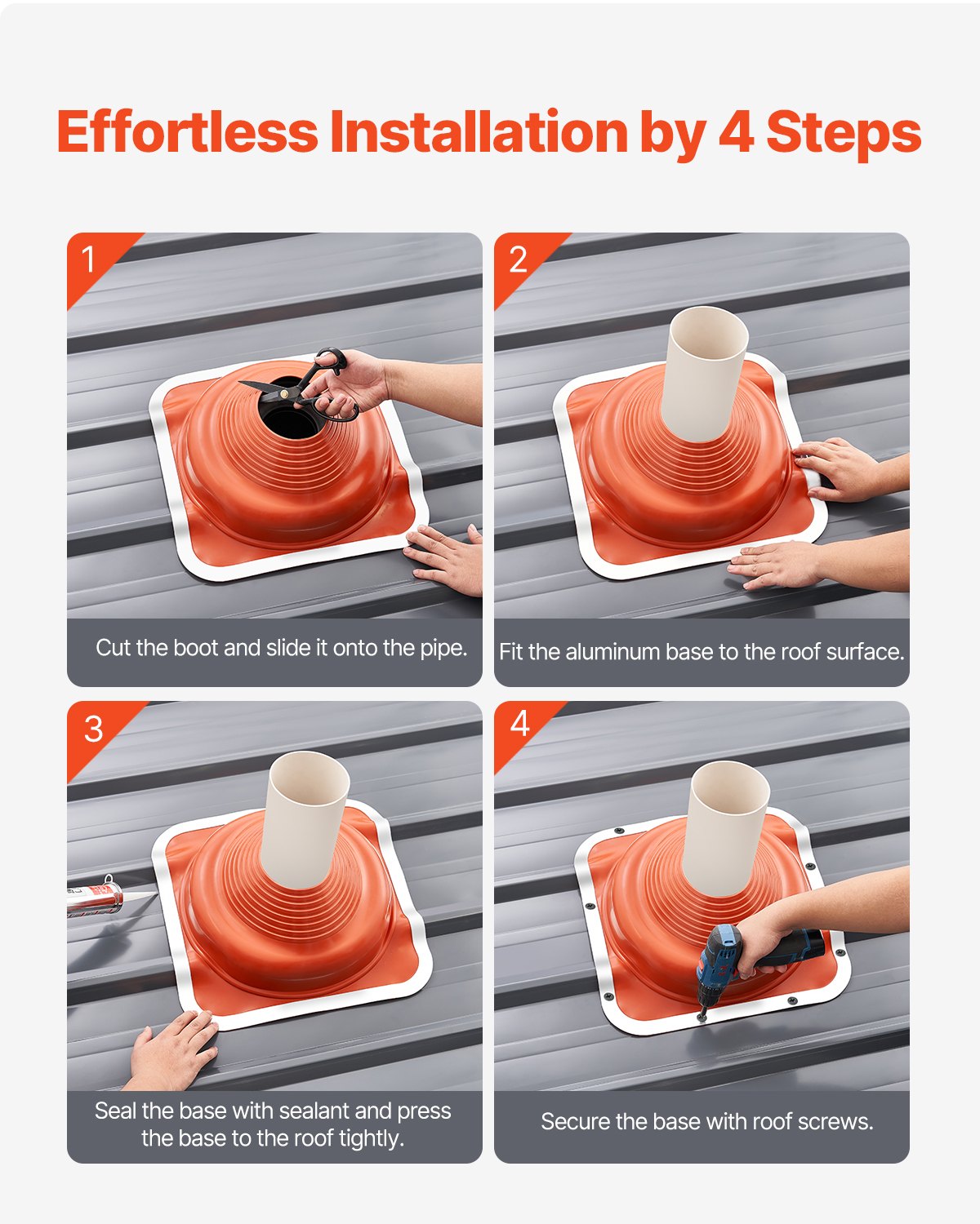 VEVOR 2 PCs Roof Pipe Flashing Boots, Fit Pipe OD 6-1/4" - 11-3/4", Flexible Silicone Roofing Jack Pipe Flashing, High Temp -101℉ - 437℉, Square Metal Base, for Chimney, Wood Stove & Outdoor Vent Pipe