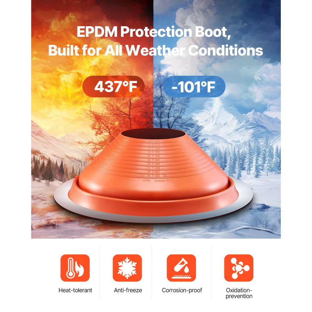 VEVOR Roof Pipe Flashing Boot, Fits Pipe OD 254 mm to 483 mm, Flexible Silicone Roofing Jack Pipe Flashing, High Temp -74℃ to 225℃, Round Red Metal Base, for Chimney, Wood Stove & Outdoor Vent Pipes