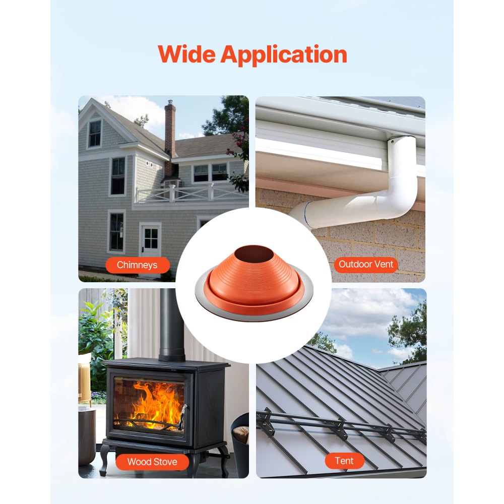 VEVOR Roof Pipe Flashing Boot, Fits Pipe OD 254 mm to 483 mm, Flexible Silicone Roofing Jack Pipe Flashing, High Temp -74℃ to 225℃, Round Red Metal Base, for Chimney, Wood Stove & Outdoor Vent Pipes