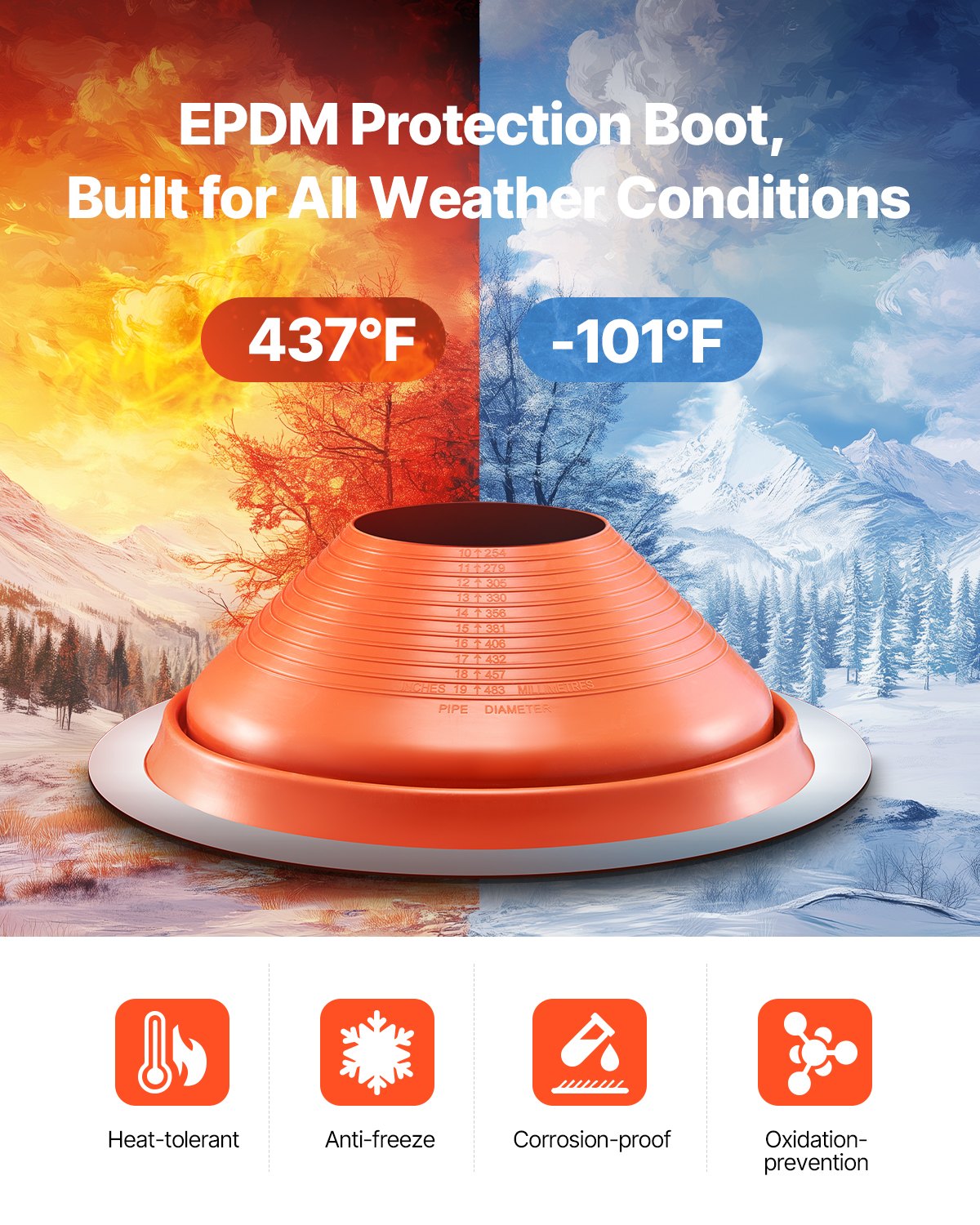 VEVOR Roof Pipe Flashing Boot, Fits Pipe OD 254 mm to 483 mm, Flexible Silicone Roofing Jack Pipe Flashing, High Temp -74℃ to 225℃, Round Red Metal Base, for Chimney, Wood Stove & Outdoor Vent Pipes