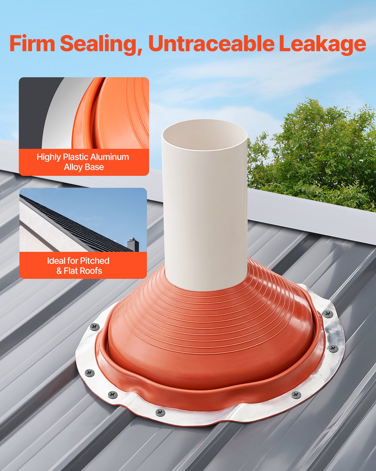 VEVOR Roof Pipe Flashing Boot, Fits Pipe OD 254 mm to 483 mm, Flexible Silicone Roofing Jack Pipe Flashing, High Temp -74℃ to 225℃, Round Red Metal Base, for Chimney, Wood Stove & Outdoor Vent Pipes