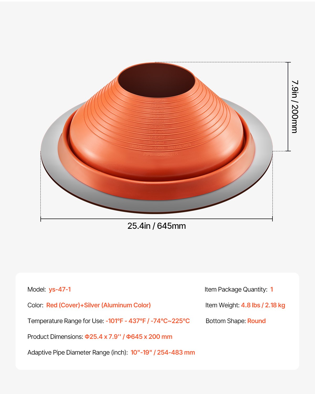 VEVOR Roof Pipe Flashing Boot, Fits Pipe OD 254 mm to 483 mm, Flexible Silicone Roofing Jack Pipe Flashing, High Temp -74℃ to 225℃, Round Red Metal Base, for Chimney, Wood Stove & Outdoor Vent Pipes