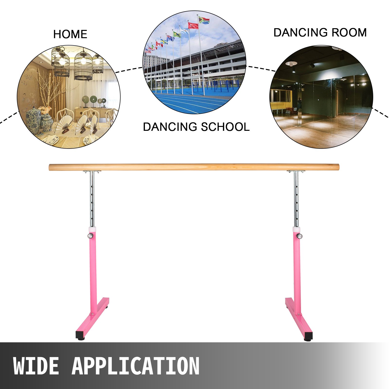 VEVOR 6.5FT Length Single Ballet Barre,Portable Pink Dance Bar,Adjustable Height 2.5FT - 3.8FT, Freestanding Ballet Bar for Stretch, Balance, Pilates, Dance or Exercise