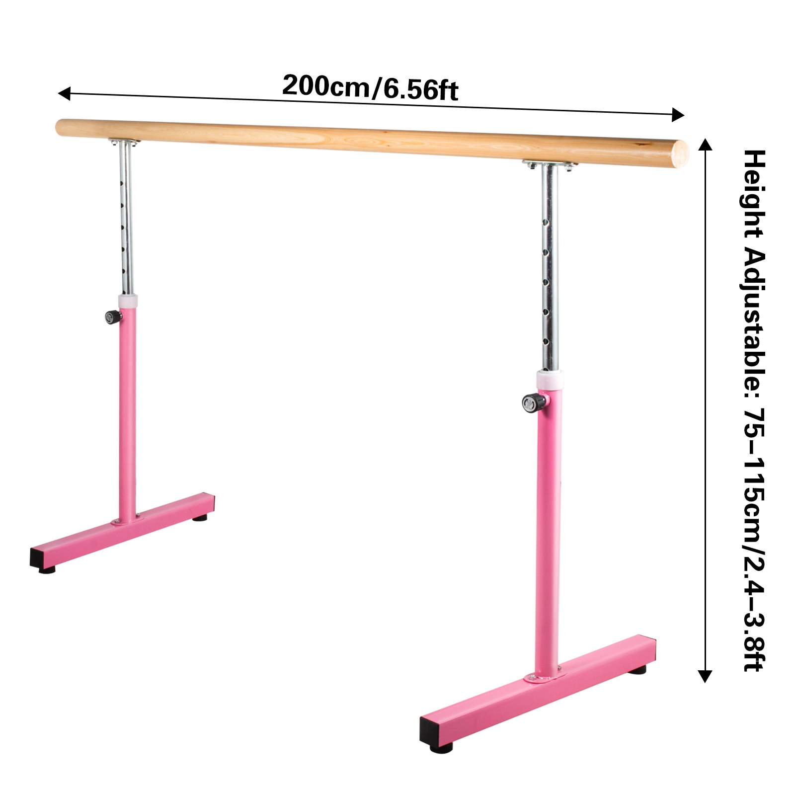 VEVOR 6.5FT Length Single Ballet Barre,Portable Pink Dance Bar,Adjustable Height 2.5FT - 3.8FT, Freestanding Ballet Bar for Stretch, Balance, Pilates, Dance or Exercise