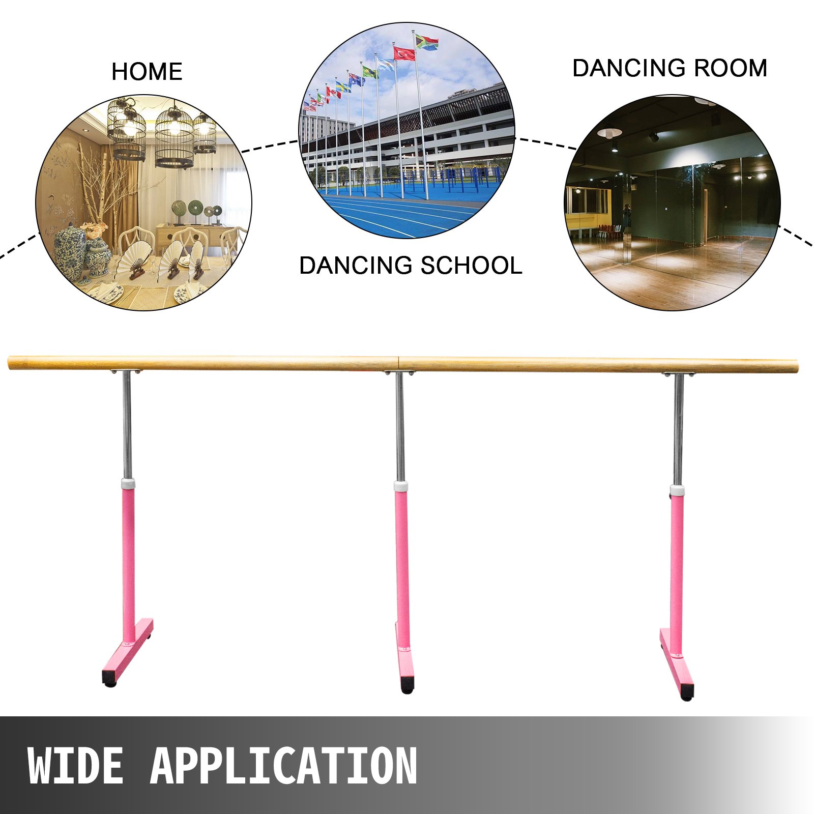 VEVOR 10FT Length Single Ballet Barre,Portable Pink Dance Bar,Adjustable Height 2.5FT - 3.8FT, Freestanding Ballet Bar for Stretch, Balance, Pilates, Dance or Exercise