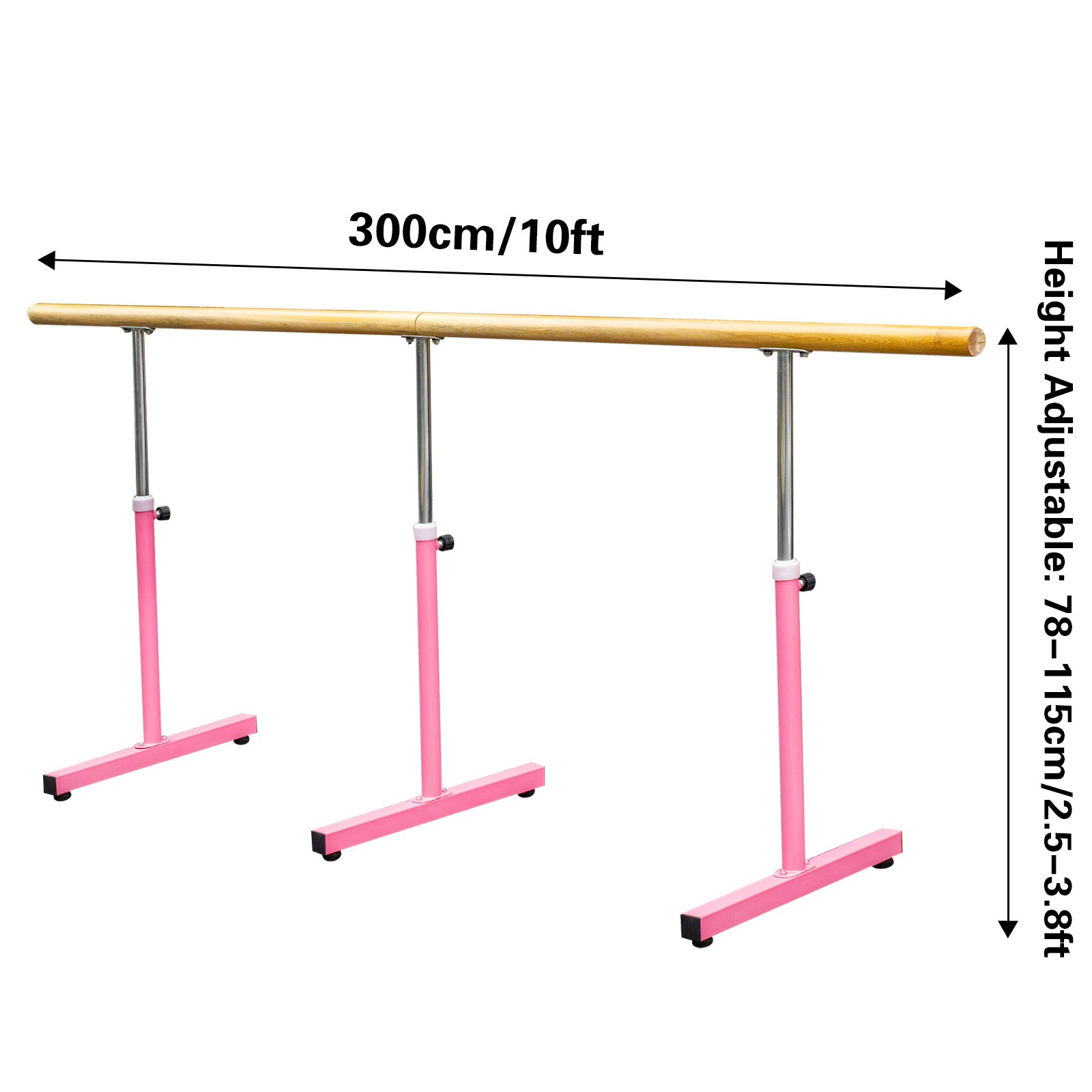 VEVOR 10FT Length Single Ballet Barre,Portable Pink Dance Bar,Adjustable Height 2.5FT - 3.8FT, Freestanding Ballet Bar for Stretch, Balance, Pilates, Dance or Exercise