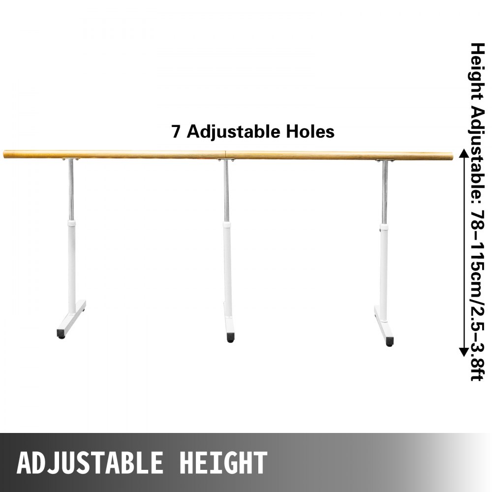 VEVOR 13FT Length Single Ballet Barre,Portable White Dance Bar,Adjustable Height 2.5FT - 3.8FT, Freestanding Ballet Bar for Stretch, Balance, Pilates, Dance or Exercise
