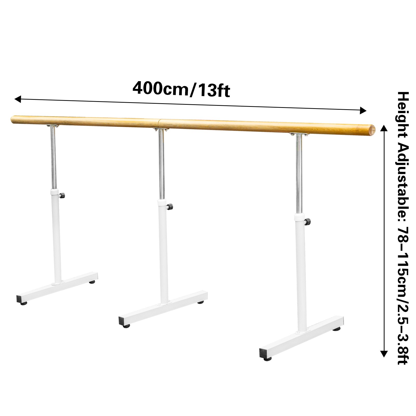 VEVOR 13FT Length Single Ballet Barre,Portable White Dance Bar,Adjustable Height 2.5FT - 3.8FT, Freestanding Ballet Bar for Stretch, Balance, Pilates, Dance or Exercise