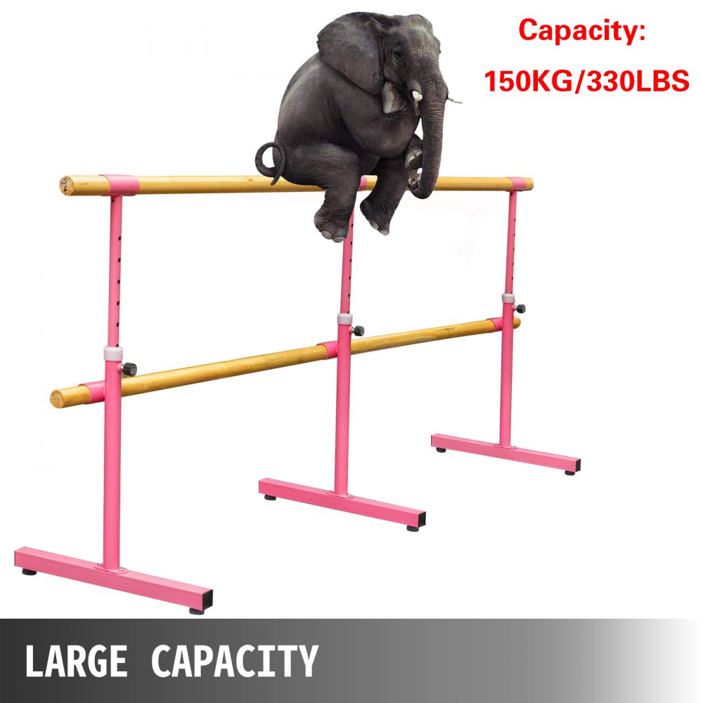 Barra de ballet doble VEVOR de 10 pies de longitud, barra de baile rosa portátil, altura ajustable de 2.5 pies a 3.8 pies, barra de ballet independiente para estiramiento, equilibrio, pilates, baile o ejercicio