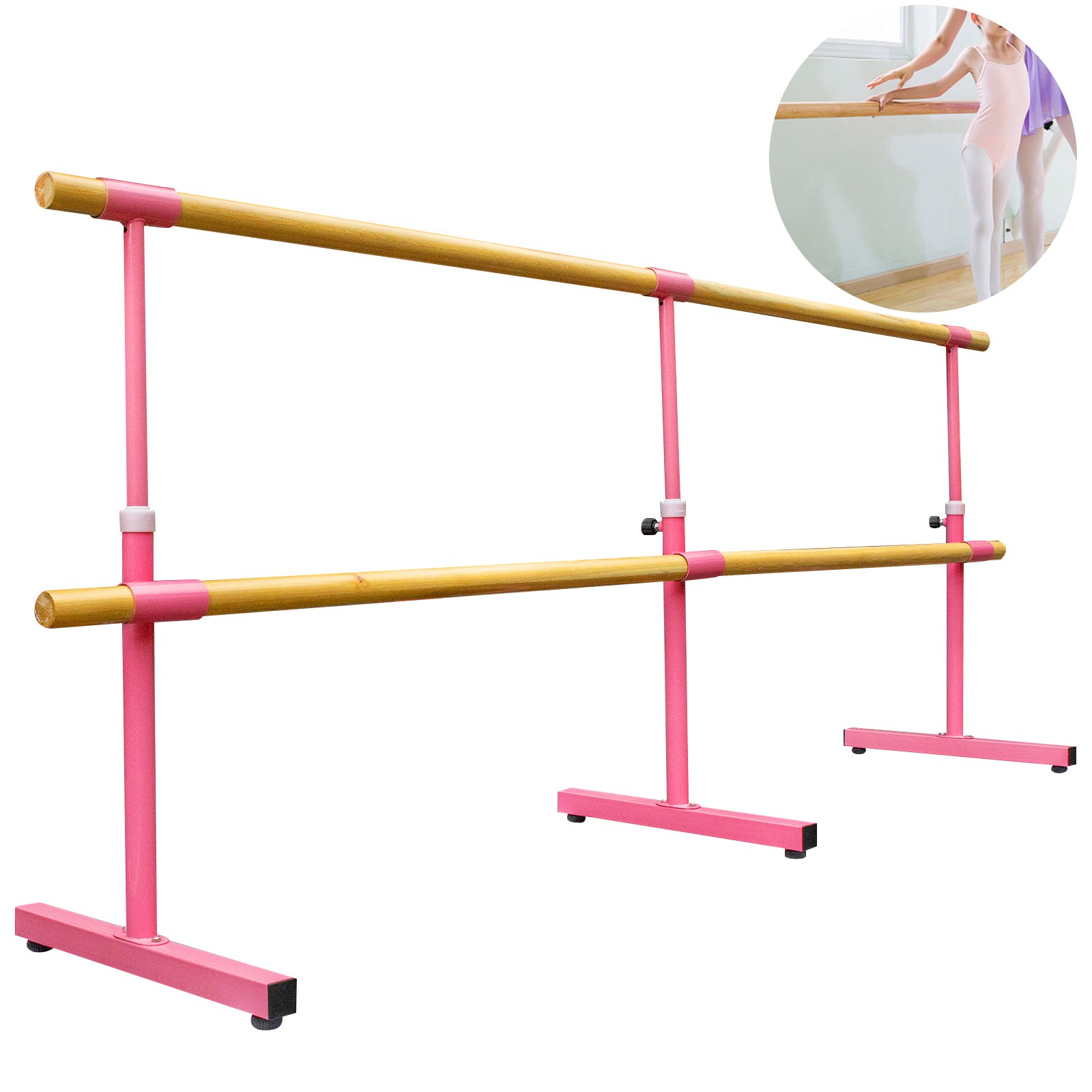 Barra de ballet doble VEVOR de 10 pies de longitud, barra de baile rosa portátil, altura ajustable de 2.5 pies a 3.8 pies, barra de ballet independiente para estiramiento, equilibrio, pilates, baile o ejercicio