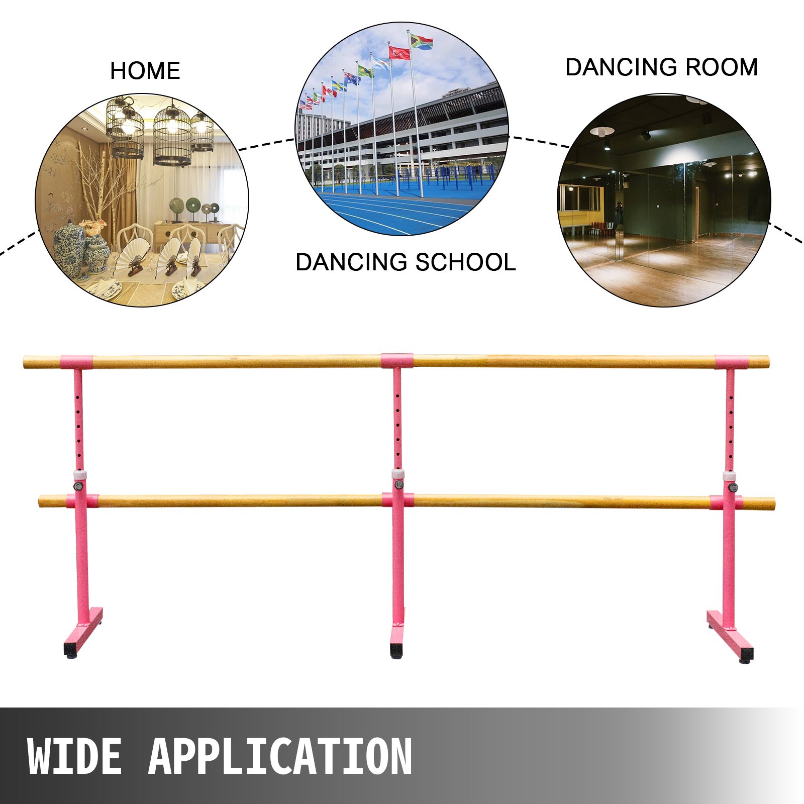 Barra de ballet doble VEVOR de 10 pies de longitud, barra de baile rosa portátil, altura ajustable de 2.5 pies a 3.8 pies, barra de ballet independiente para estiramiento, equilibrio, pilates, baile o ejercicio