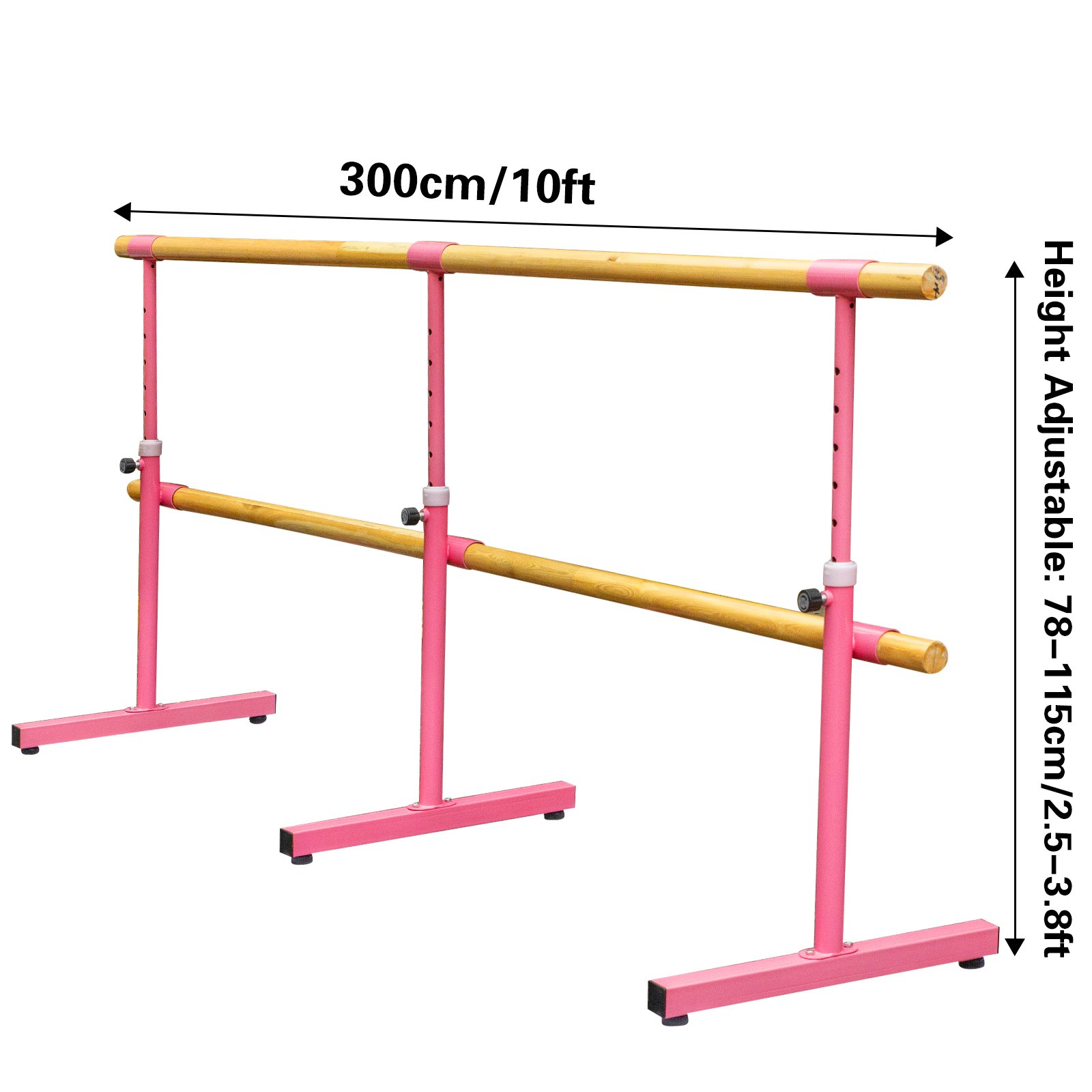 Barra de ballet doble VEVOR de 10 pies de longitud, barra de baile rosa portátil, altura ajustable de 2.5 pies a 3.8 pies, barra de ballet independiente para estiramiento, equilibrio, pilates, baile o ejercicio