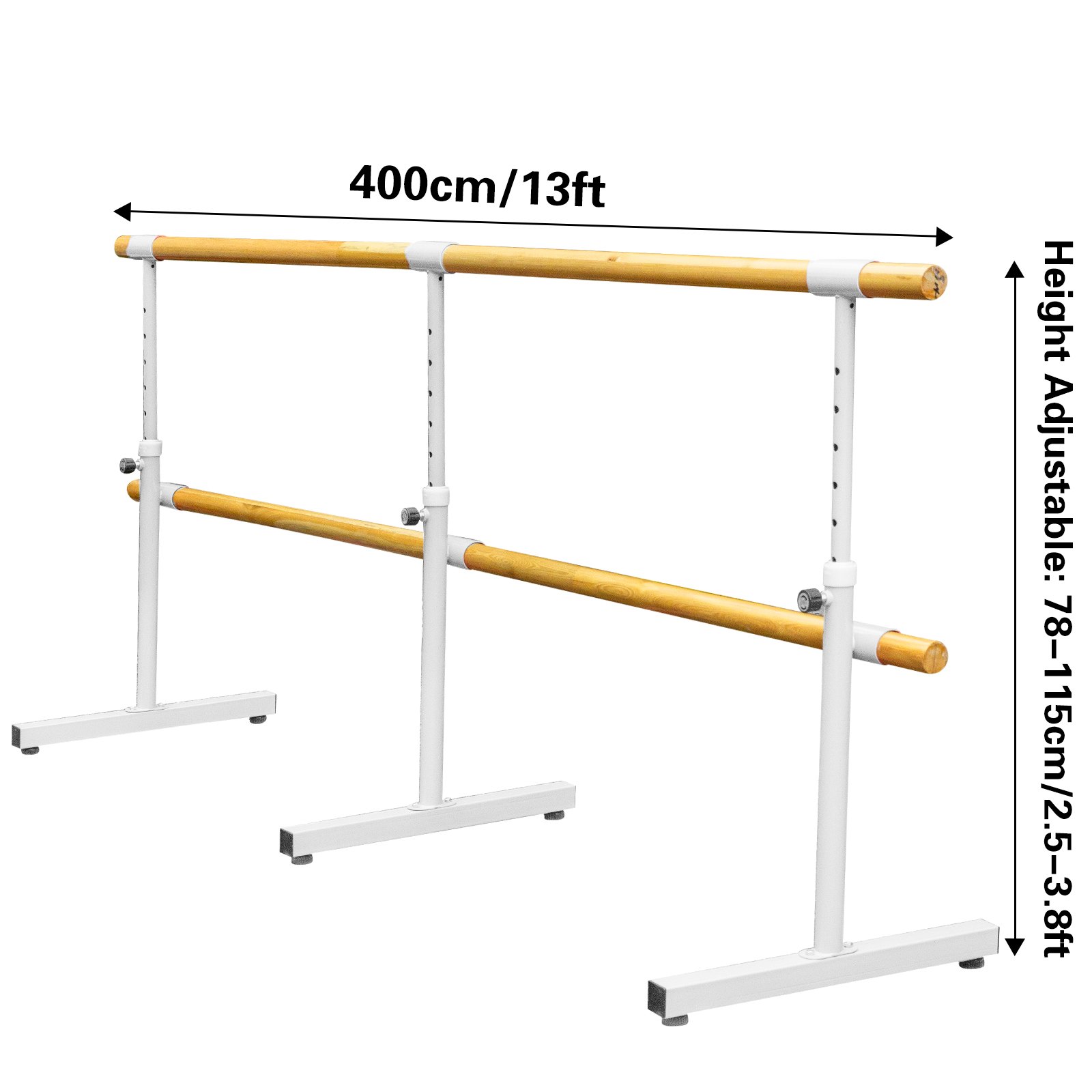 VEVOR 13FT Length Double Ballet Barre,Portable White Dance Bar,Adjustable Height 2.5FT - 3.8FT, Freestanding Ballet Bar for Stretch, Balance, Pilates, Dance or Exercise