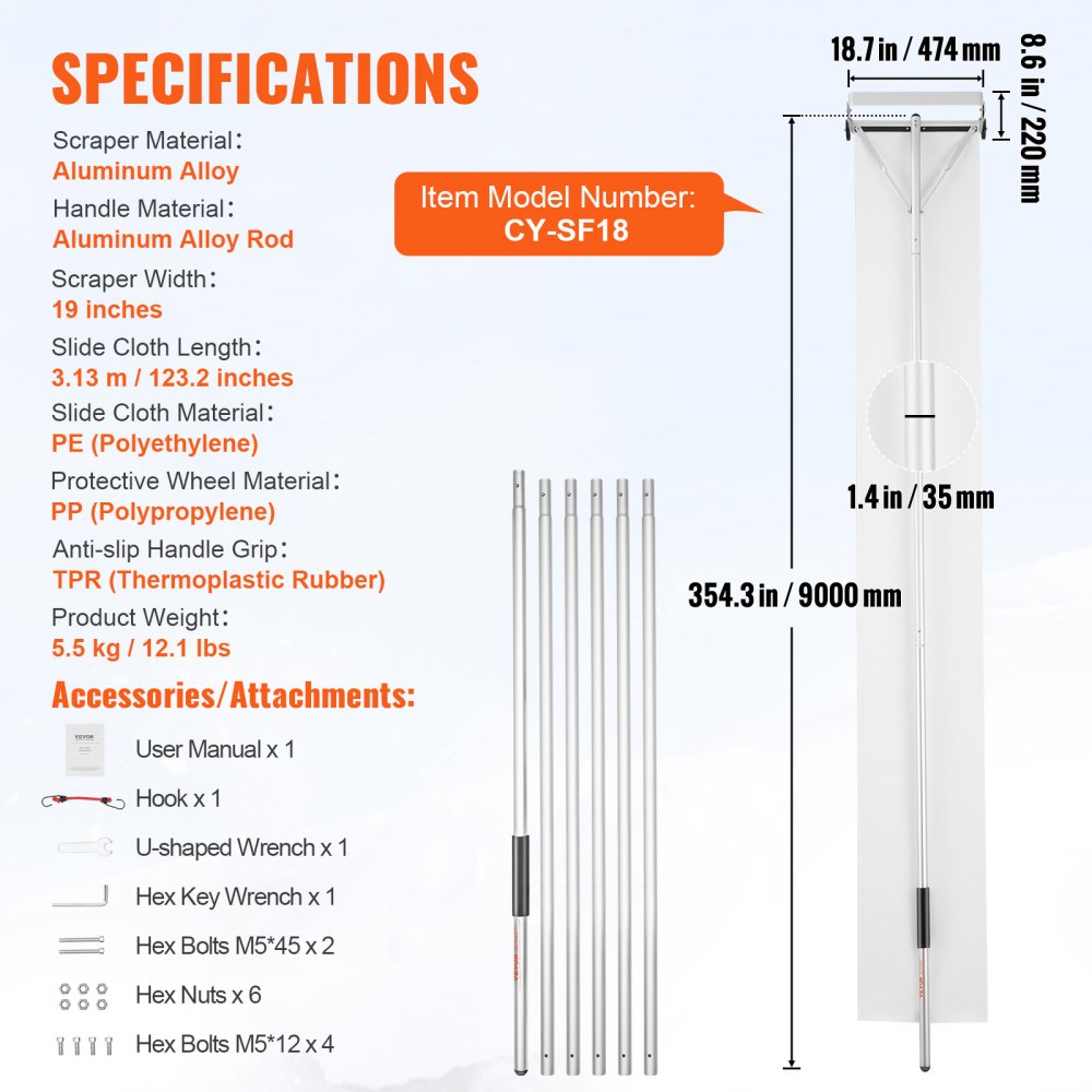 VEVOR Snow Roof Rake, 914.4 cm Reach Aluminium Roof Shovel with Slide Cloth, Premium 48.3 cm Blade Snow Removal Tool, Safe on Roof with Roll Wheels, Anti-Slip Handle, Use for House Roof, Car Snow, Wet Leaves