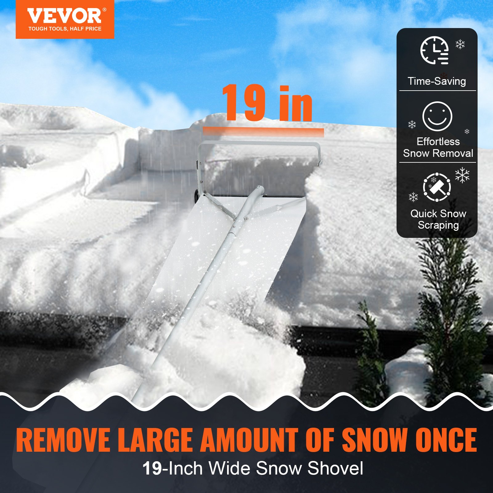 VEVOR Snow Roof Rake, 914.4 cm Reach Aluminium Roof Shovel with Slide Cloth, Premium 48.3 cm Blade Snow Removal Tool, Safe on Roof with Roll Wheels, Anti-Slip Handle, Use for House Roof, Car Snow, Wet Leaves