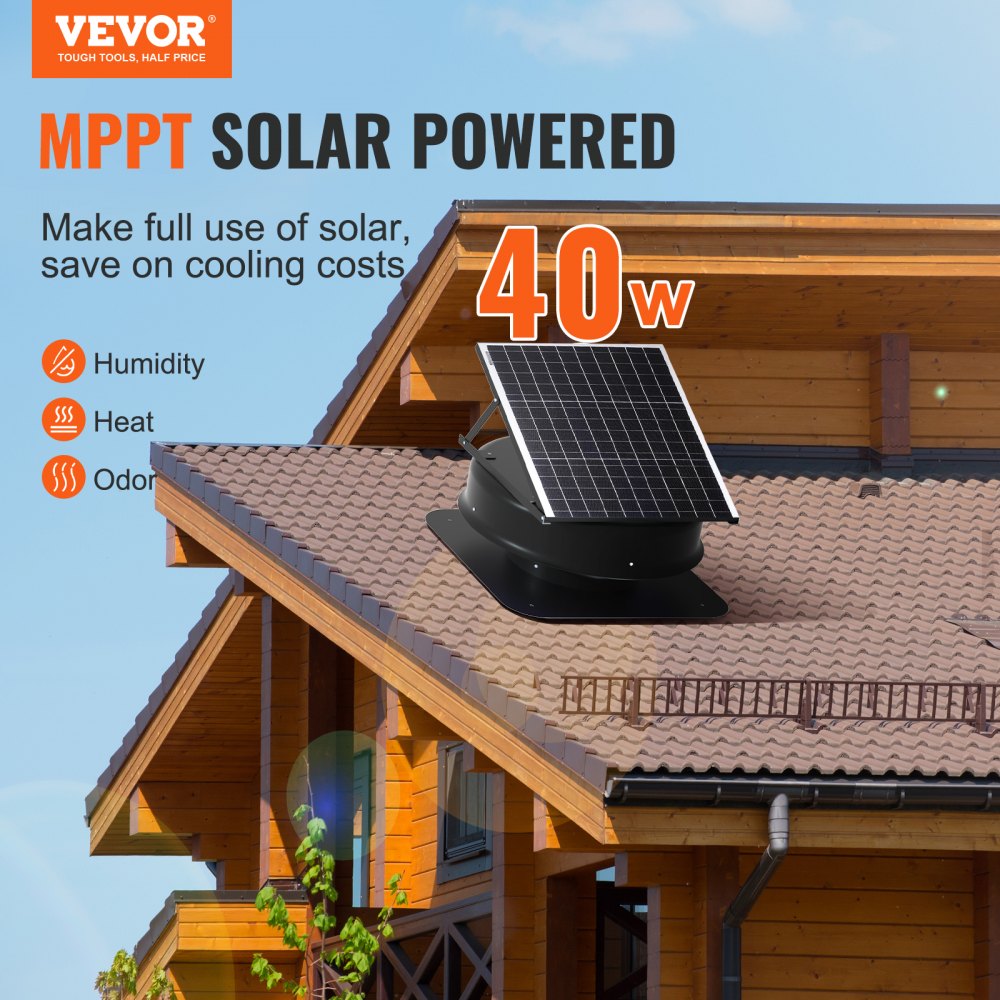 VEVOR Solar Attic Fan, 40 W, 1230 CFM Large Air Flow Solar Roof Vent Fan,  Low Noise and Weatherproof with 110V Smart Adapter, Ideal for Home