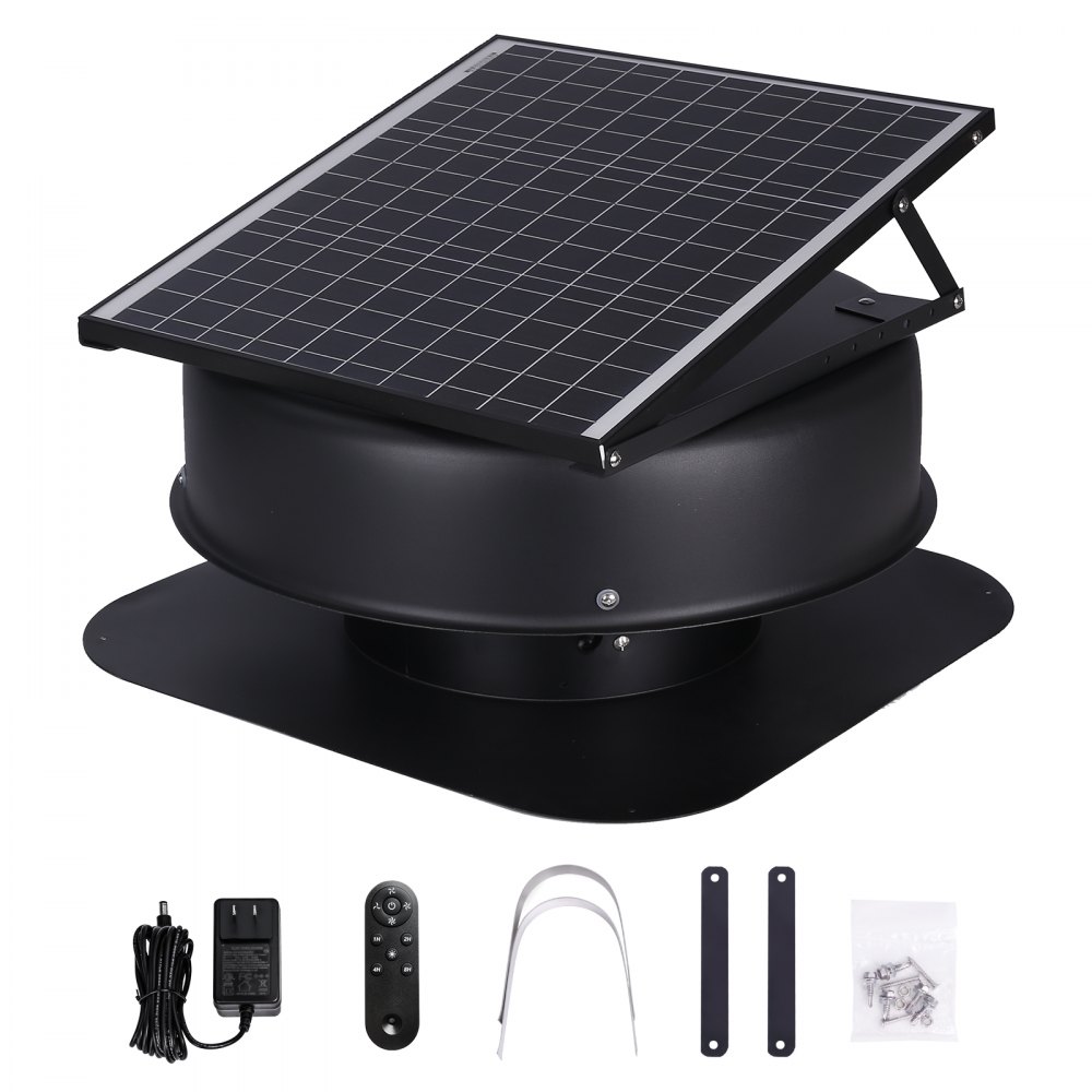 VEVOR solar attic fan with solar panel, mounting base, and installation kit displayed on a white background.