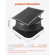 Ventilador solar para ático VEVOR, 42 W, 2800 CFM, gran flujo de aire, silencioso y resistente a la intemperie, con adaptador inteligente de 110 V, ideal para el hogar, invernadero, garaje, tienda, autocaravana. Homologado por la FCC.