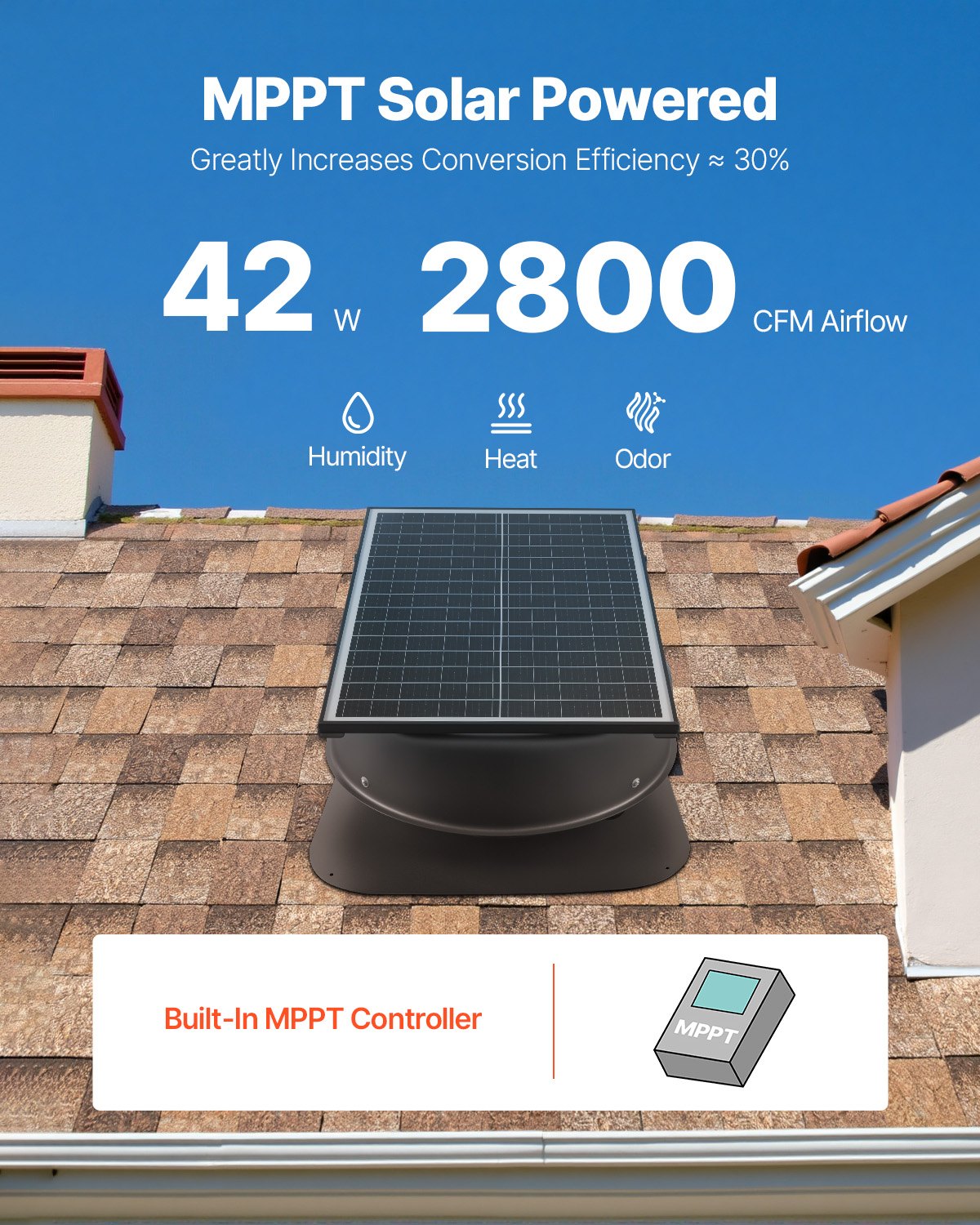 VEVOR Solar Attic Fan, 42 W, 2800 CFM Large Air Flow Solar Roof Vent Fan, Low Noise and Weatherproof with 110V Smart Adapter, Ideal for Home, Greenhouse, Garage, Shop, RV, FCC Listed