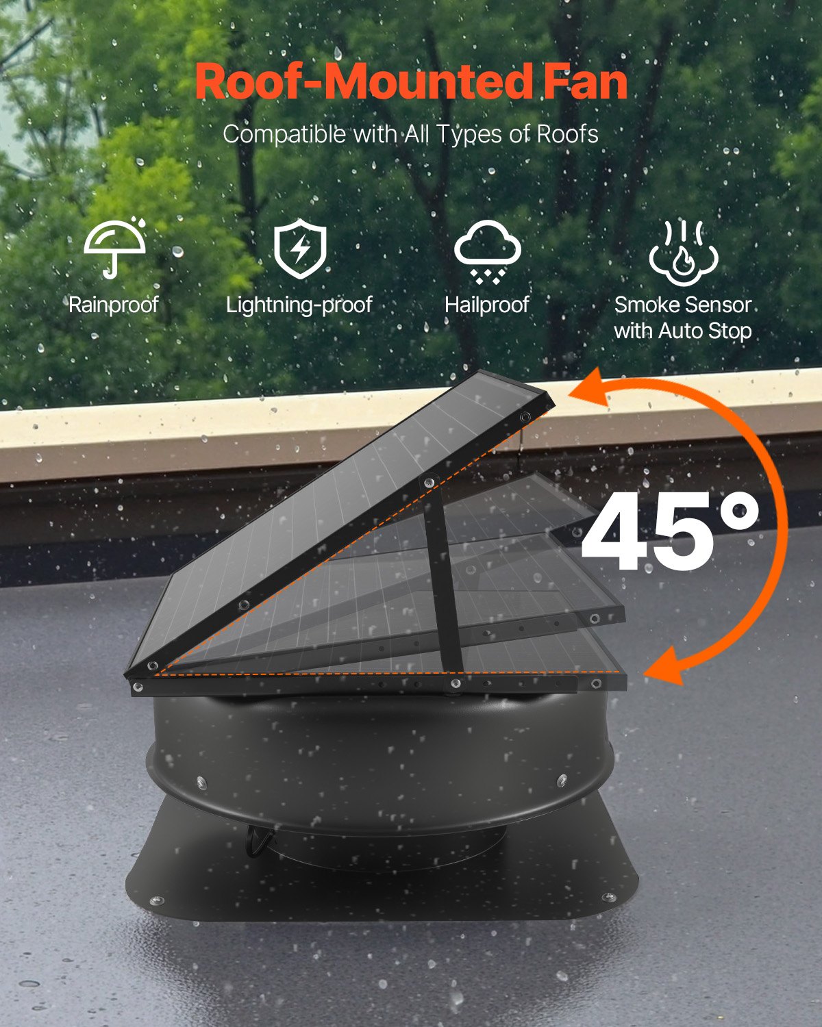 VEVOR Solar Attic Fan, 42 W, 2800 CFM Large Air Flow Solar Roof Vent Fan, Low Noise and Weatherproof with 110V Smart Adapter, Ideal for Home, Greenhouse, Garage, Shop, RV, FCC Listed