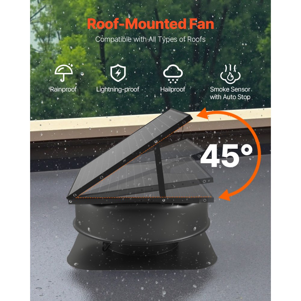 VEVOR Roof Attic Exhaust Fan, 42W Smart Solar Roof Ventilation Fan with Thermostat, Remote Control, 2800 CFM Airflow Built-in Brushless DC Motor for Cooling