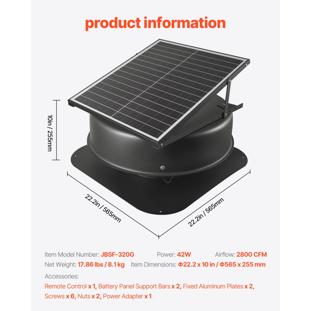 VEVOR Roof Attic Exhaust Fan, 42W Smart Solar Roof Ventilation Fan with Thermostat, Remote Control, 2800 CFM Airflow Built-in Brushless DC Motor for Cooling