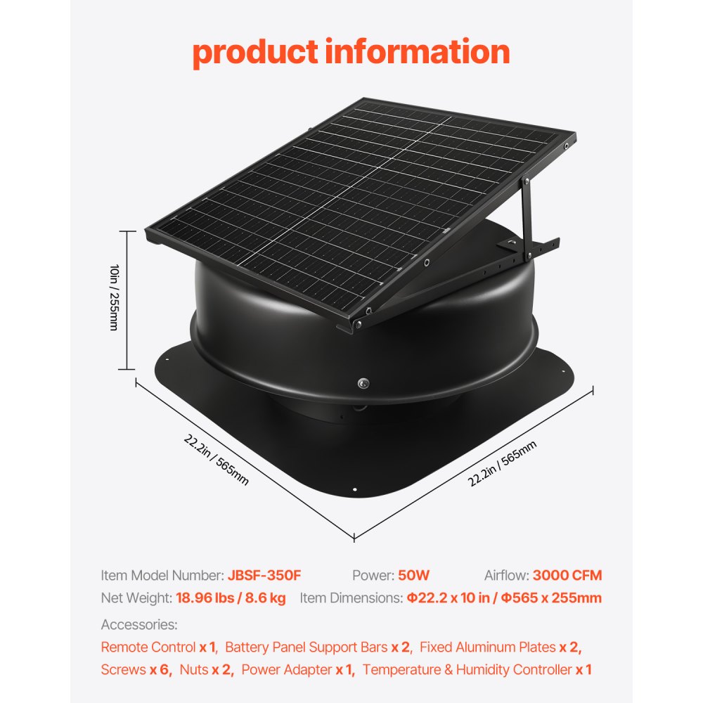 VEVOR Roof Attic Exhaust Fan, 50W Smart Solar Roof Ventilation Fan with Thermostat, Remote Control, 3000 CFM Airflow Built-in Smoke Sensor with Auto Stop for Cooling and Dehumidification